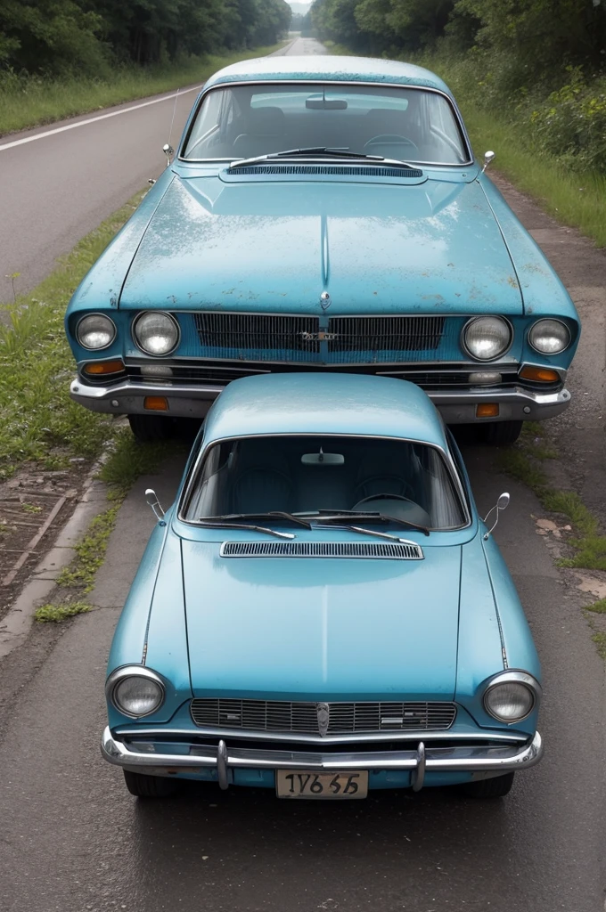 An abandoned blue car from the 60s 