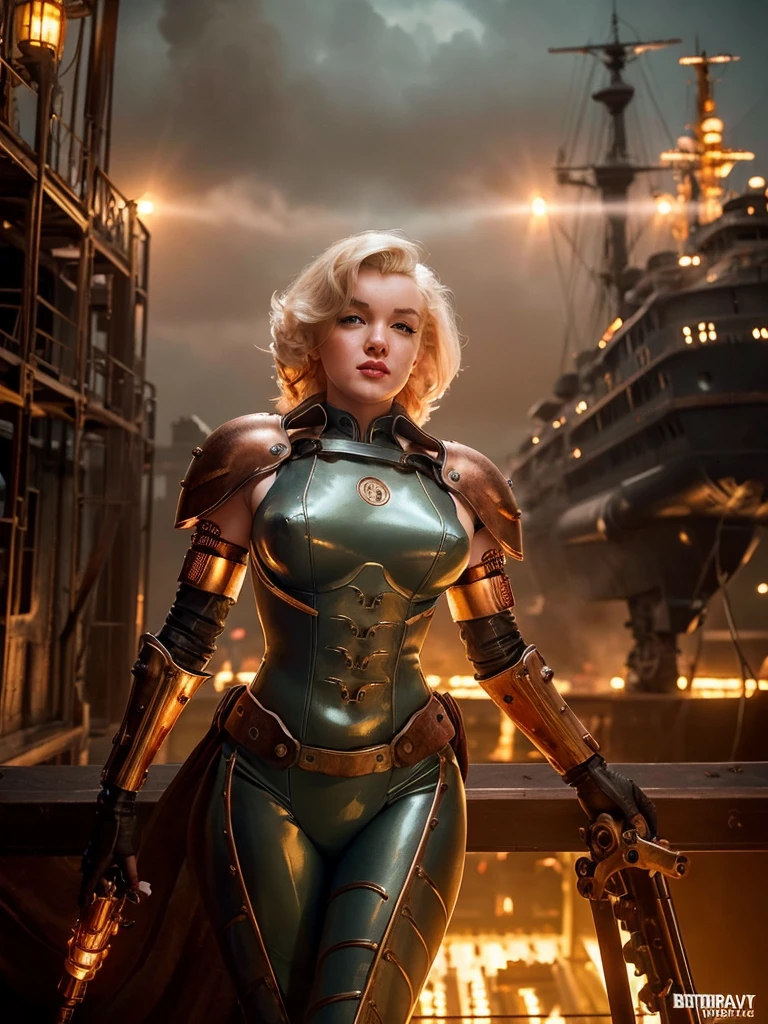 a cybernetic warrior woman (M_Monroe), 2 obviously steam driven limbs, sexy battle suit, big gun, airships berthed in drydock in background, steampunk, highly detailed, 8k, photorealistic, dramatic lighting, cinematic, intricate machinery, brass and copper accents, gears and cogs, victorian era aesthetic, moody color palette, chiaroscuro lighting
