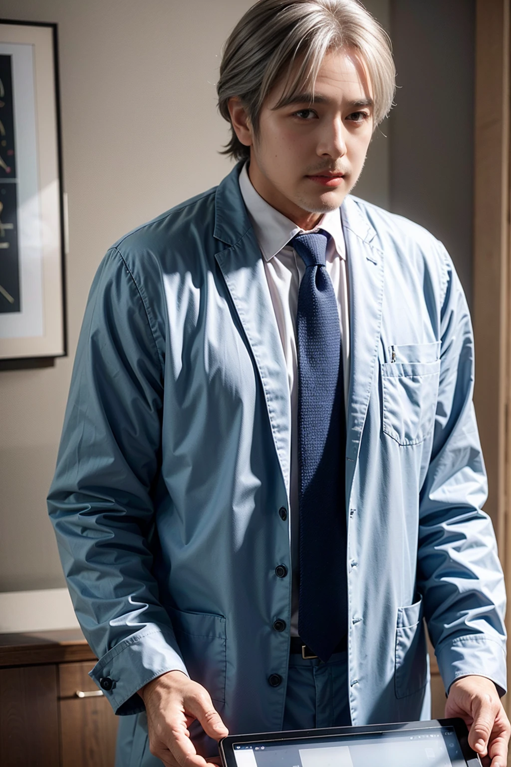 50 yr old Male doctor holding a tablet looking at the camera, gray hair and beard, white lab coat with blue button down shirt underneath, green and blue tie, ultra high res.photorealistic:1.4, UHD