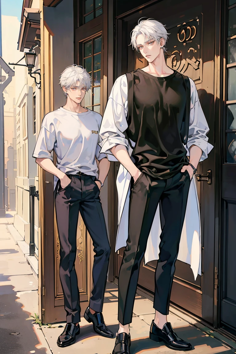 (masterpiece), best quality, seductive eyes, perfect face, handsome man, brown eyes, long tied white hair, long nose, tan skin, plain black t-shirt, black fitted pants, extremely tall man, long legs, long calves, full body, tall man, long legs, anime cover, 1boy, ear piercings, hands in pockets, adult-like look
