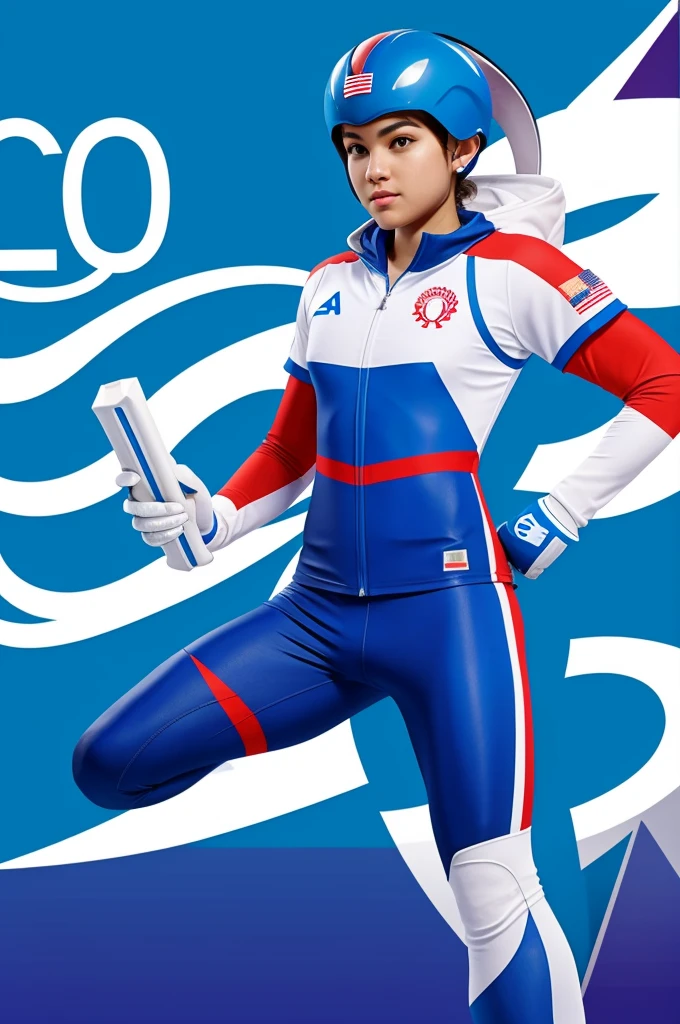 Olympic figure skater (18 years old, hair up tight, ice skates, small blue and gold outfit Olympic insignia), skating in a packed arena