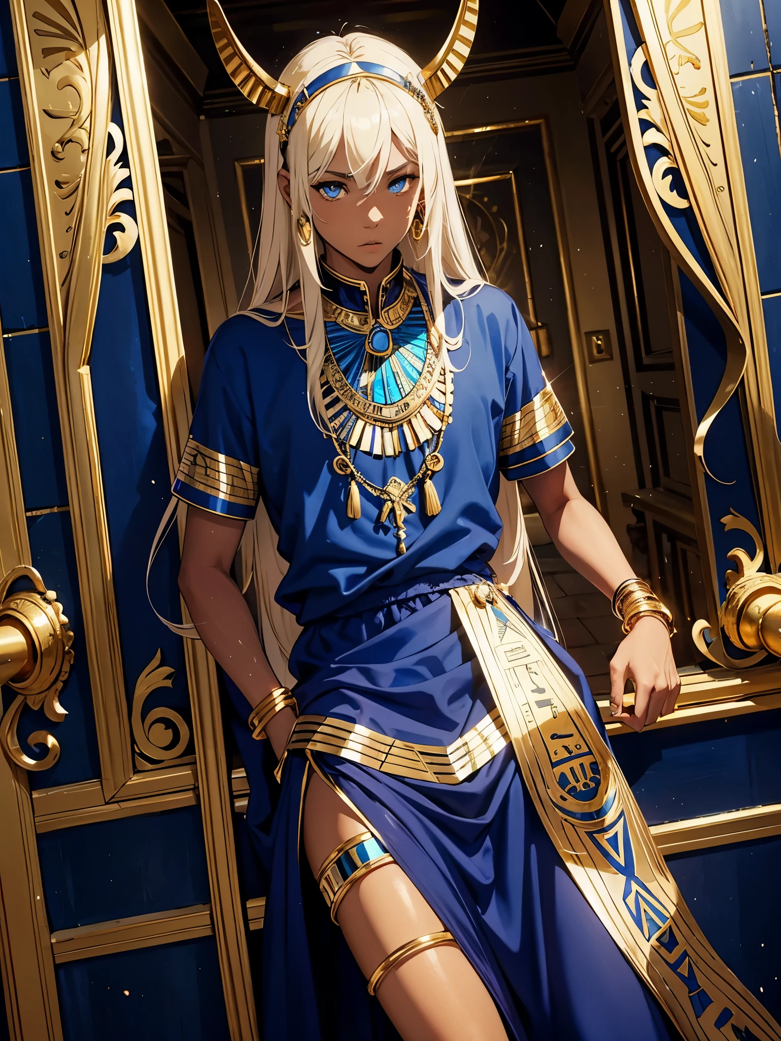Anime. boy. Egyptiane Gottheit Anubis. Egyptiane blaue Kleidung. Blue clothes. long blond hair. Lots of gold jewelry. dark skin. Egyptian. dazzling blue eyes. mystical. divine.