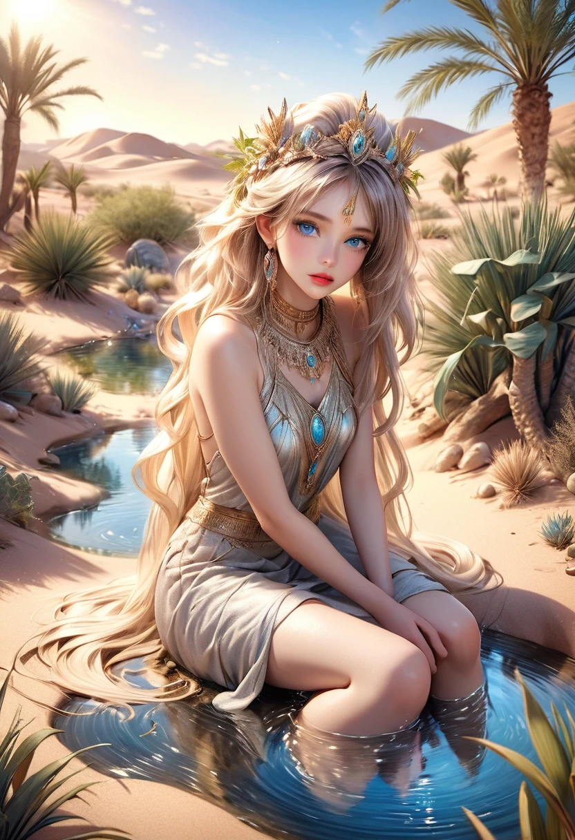 a cute desert princess, sitting down and washing hair with both hands in a small oasis in the desert, desert creatures watching around her, detailed face, beautiful eyes, long eyelashes, detailed lips, intricate jewelry, flowing hair, shimmering water, lush desert foliage, warm desert lighting, desert and oasis landscape back ground, soft pastel colors, cinematic composition, photorealistic, 8k, high quality, digital art