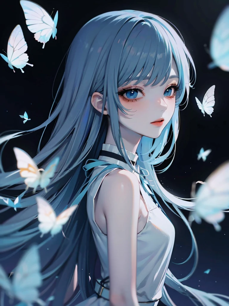 (master piece),(4k anime),high quality,1 girl,((light blue long hair)),blue eyes,white clothes with blue decorations,many glowing white butterflies, night sky,high fantasy,anime art wallpaper 4k, beautiful anime artwork, beautiful anime art, beautiful fantasy anime, beautiful digital artwork,(high contrast), undeservedly beautiful,cinematic lighting,sideways glance,from side,cowboy shot