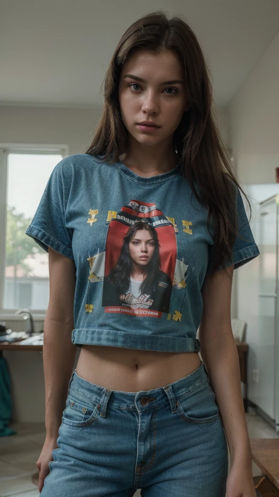 (photo and gross, 4k, Masterpiece, high resolution, extremely complex) (realist: 1.4), cinematic lighting, 1 girl, focus alone, summer noon, hot, 1990s (Style), Denim lens, interior, T-shirt