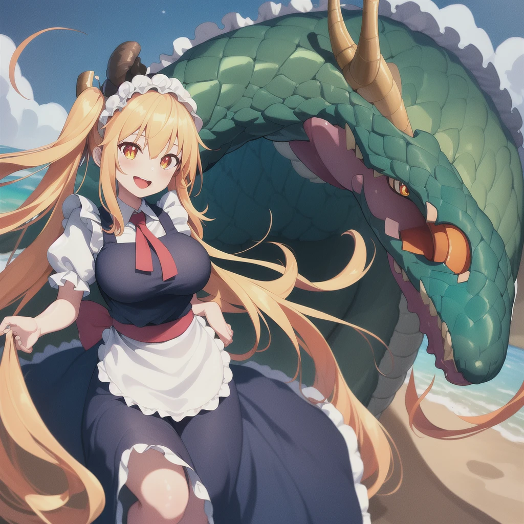 (Highest quality:1.2), One girl, (masterpiece:1.2), Ray Tracing, Super detailed,Detailed face, 8k wallpaper, Wide Hips, tall dragon maid_NDV, One girl, Blonde, Large Breasts, Long Hair, horn, Green Tail, wing, Multicolored Hair, Maid clothes, Maid clothes, Maid hat, elongated pupils, Orange eyes,  Outdoor, smile