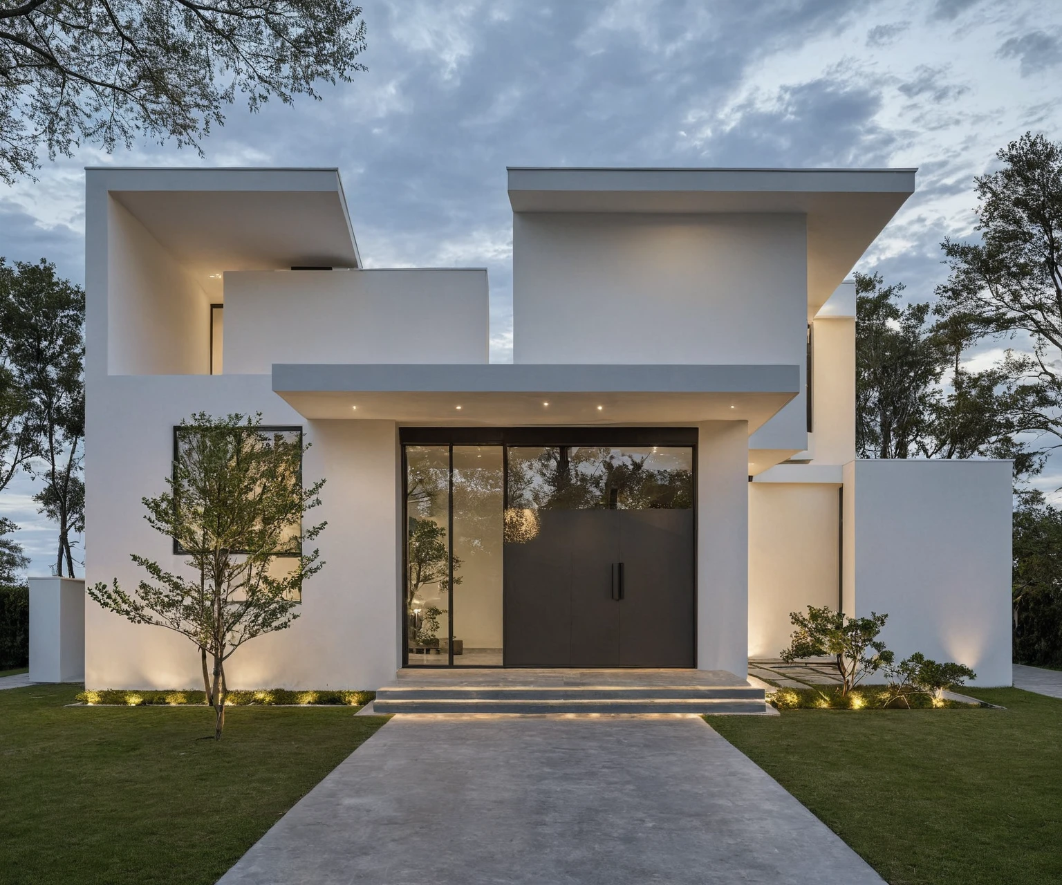 Masterpiece, high quality, best quality, authentic, super detail, outdoors, aiaigroup, house style modern , white wall , pavement, grass, trees, dusk sky, cloud, (daylight:1.1)
