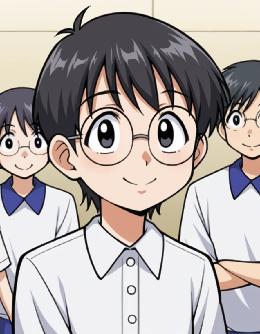 score_9, score_8, One personの男の子,Adult, Round face,Wear glasses,short hair,Put your hair up,a bit太り気味,Black Hair, Black eyes, White polo shirt,a bit横向き, View your audience, smile, Upper Body, a bit、50s、One person、Older age