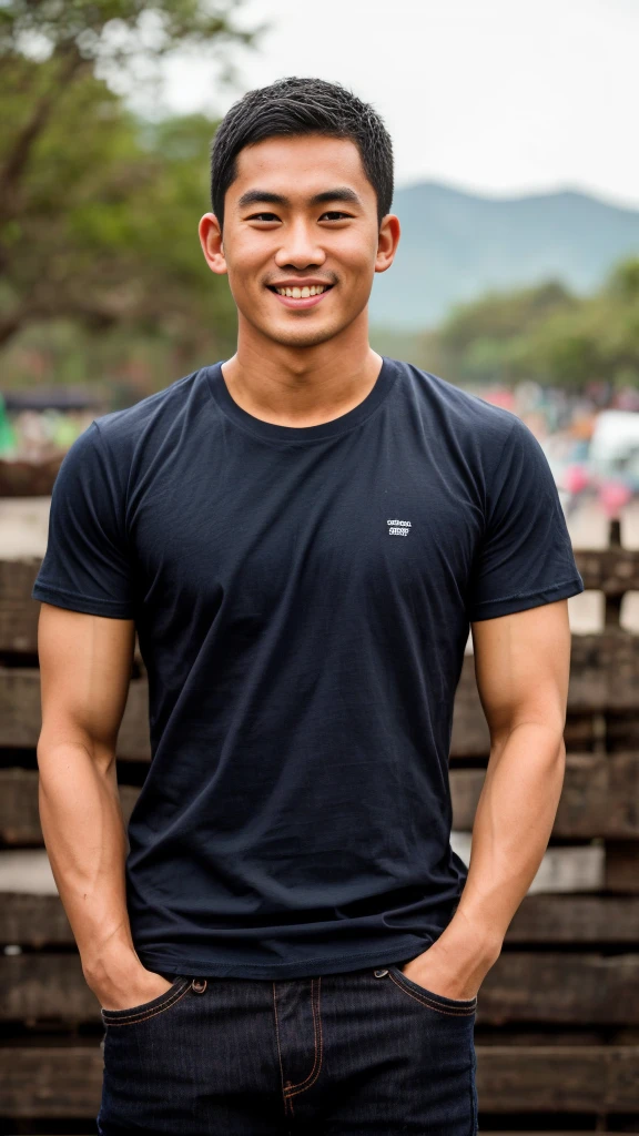 Thai man ,man,He is about 30 years old..,Rough and handsome appearance,large breastsj,Big waistline,buzz cut, angry, sullen, best quality, Masterpiece,(Have muscles:4.5),(best quality,high resolution,Masterpiece:1.2),The eyes are natural and delicate..,1 person,alone,gay asian,muscle,Long legs,brave,short hair details,conjunctivitis ,strong,brown eyes, (outdoor background road :1.5),in the market,sit (dark blue t-shirt:1.3),Jeans ,smile