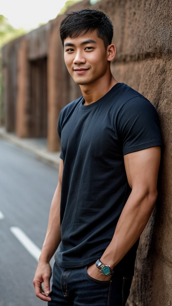 Thai man ,man,He is about 30 years old..,Rough and handsome appearance,large breastsj,Big waistline,buzz cut, angry, sullen, best quality, Masterpiece,(Have muscles:4.5),(best quality,high resolution,Masterpiece:1.2),The eyes are natural and delicate..,1 person,alone,gay asian,muscle,Long legs,brave,short hair details,conjunctivitis ,strong,brown eyes, (outdoor background road :1.5),in the market,sit (dark blue t-shirt:1.3),Jeans ,smile