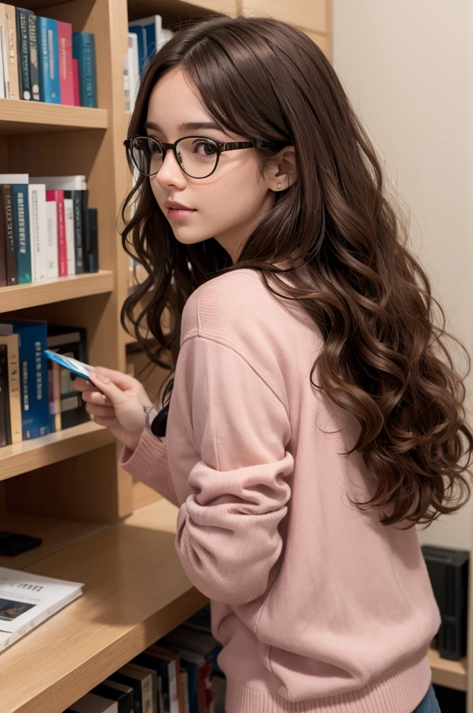 Kizi, brownhair, straight root curly hair, open curls, casual outfit, long hair, eyes browns, slightly pink lips, Caucasian skin, organized room, shelf with books, girl wearing prescription glasses