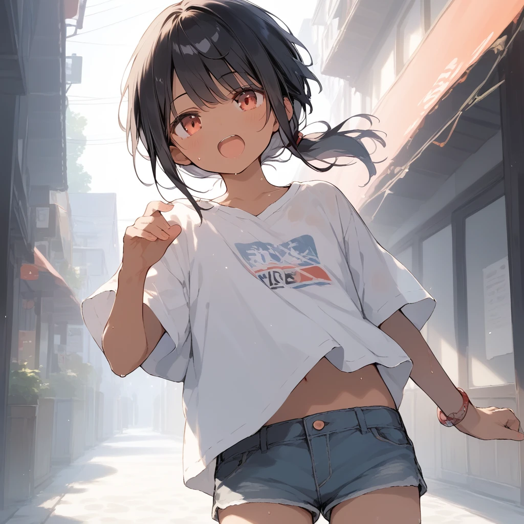 score_9, score_8_up, score_7_up, source_anime, best quality, masterpiece, official art, absurdres, highres, ultra-detailed,waifu2x,Collection: Slice of Life,break,1girl, tomboy, dark-skinned female, short hair, low ponytail, flat chest, beautiful detailed eyes, short shorts, sweat, open mouth, (yawn:0.3), sleepily, outdoors, wind,break,(clear line illustration:1.2), super detailed skin,very high resolution, very aesthetic, Best sexual lighting powered by famous artist, 8k,cute picture,beauty illustration,photoshop_(medium),,(Detailed Lighting),best anime 8k konachan wallpaper, pixiv contest winner,