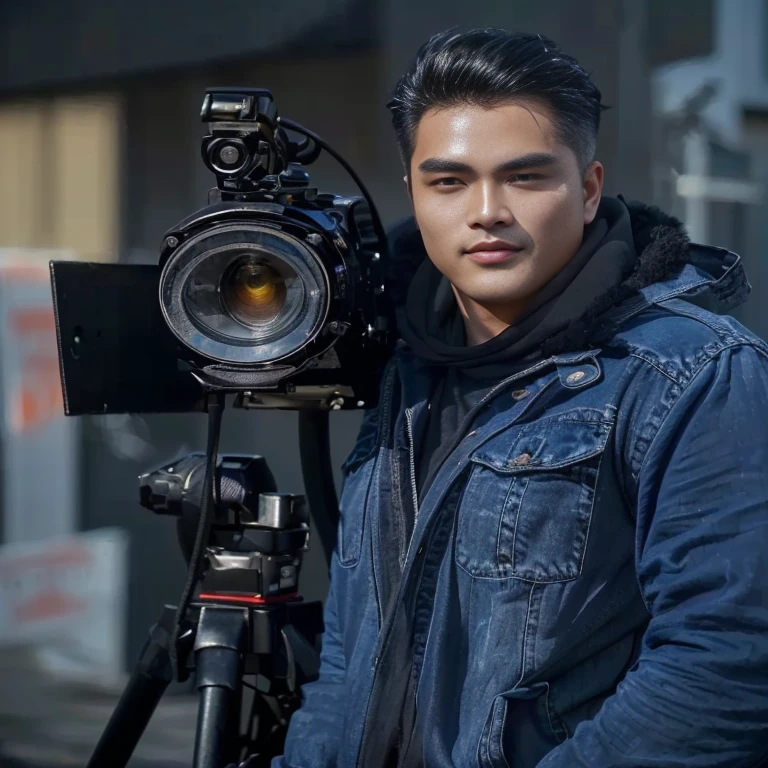 Araffe man in bright dark jeans, Southeast Asians with round faces, Warm light, morning sun, black eyes,abdominal muscles, The body is beautiful and strong., (digital painting, HDR, high contrast), 3-D, 8K, 45,000,000 pixcls,