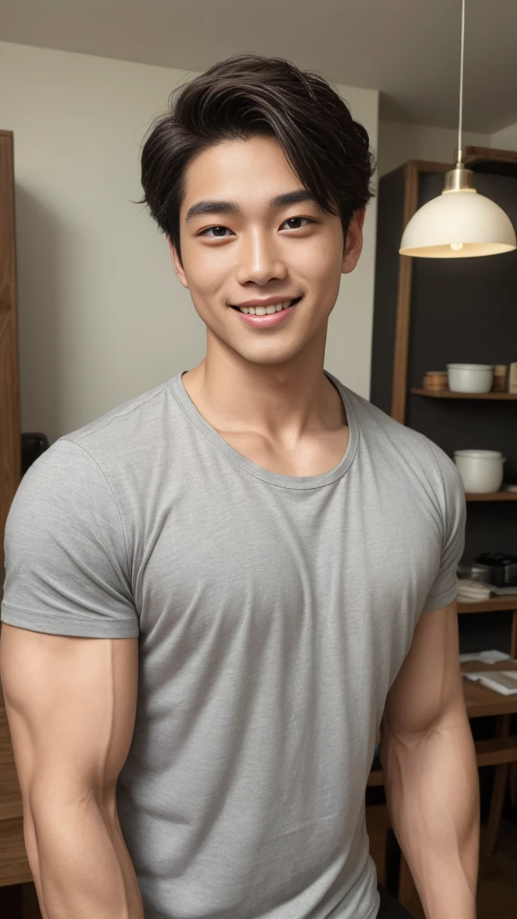 ((Highest quality, 8K, Masterpiece: 1.3))、Cool Thai man, 1A man who has、 yo、Good appearance、Beautiful nose、smile、 Detailed eyes and face、beautiful light、(studio)、high resolution、(Look at the viewer.)、Fine mouth、smile、whole body: 1.5, perfect shape: 1.3, Picture of both shoulders:1.3, Gray round neck t-shirt:1.5