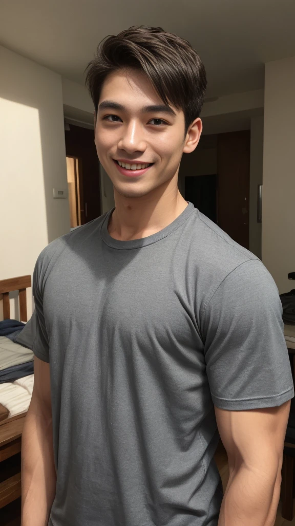 ((Highest quality, 8K, Masterpiece: 1.3))、Cool Thai man, 1A man who has、 yo、Good appearance、Beautiful nose、smile、 Detailed eyes and face、beautiful light、(studio)、high resolution、(Look at the viewer.)、Fine mouth、smile、whole body: 1.5, perfect shape: 1.3, Picture of both shoulders:1.3, Gray round neck t-shirt:1.5
