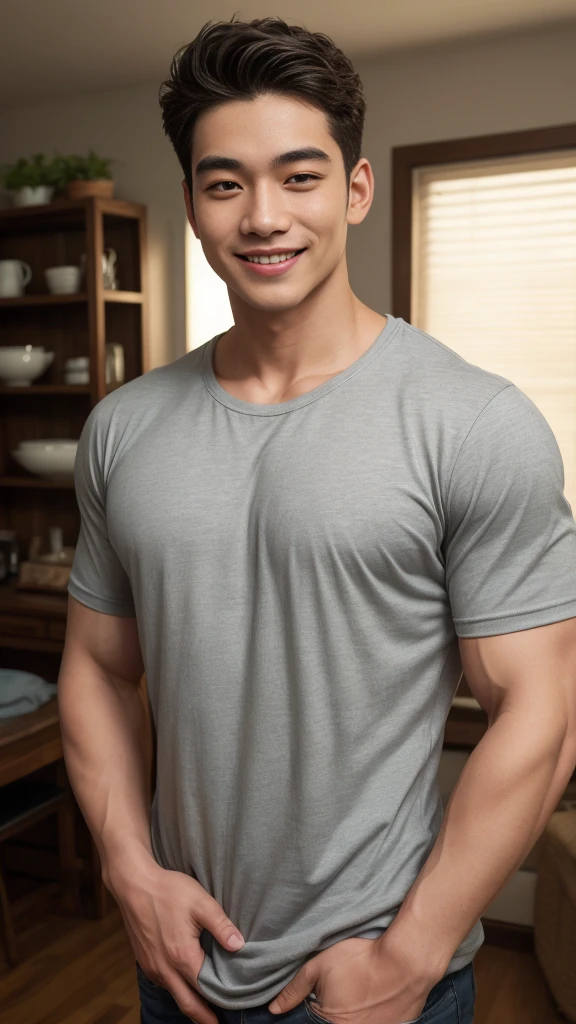 A handsome, muscular young Asian man sitting on the kitchen, wearing, Fieldside, sunlight