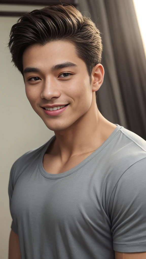((Highest quality, 8K, Masterpiece: 1.3))、Cool Thai man, 1A man who has、 yo、Good appearance、Beautiful nose、smile、 Detailed eyes and face、beautiful light、(studio)、high resolution、(Look at the viewer.)、Fine mouth、smile、whole body: 1.5, perfect shape: 1.3, Picture of both shoulders:1.3, Gray round neck t-shirt:1.5