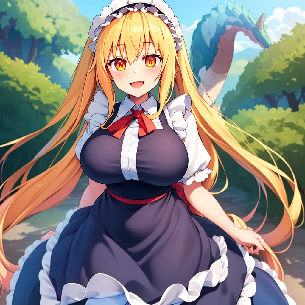 (Highest quality:1.2), One girl, (masterpiece:1.2), Ray Tracing, Super detailed,Detailed face, 8k wallpaper, Wide Hips, tall dragon maid_NDV, One girl, Blonde, Large Breasts, Long Hair, horn, Green Tail, wing, Multicolored Hair, Maid clothes, Maid clothes, Maid hat, elongated pupils, Orange eyes, Outdoor, smile
