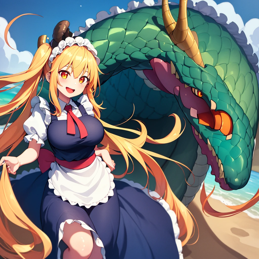 (Highest quality:1.2), One girl, (masterpiece:1.2), Ray Tracing, Super detailed,Detailed face, 8k wallpaper, Wide Hips, tall dragon maid_NDV, One girl, Blonde, Large Breasts, Long Hair, horn, Green Tail, wing, Multicolored Hair, Maid clothes, Maid clothes, Maid hat, elongated pupils, Orange eyes, Outdoor, smile
