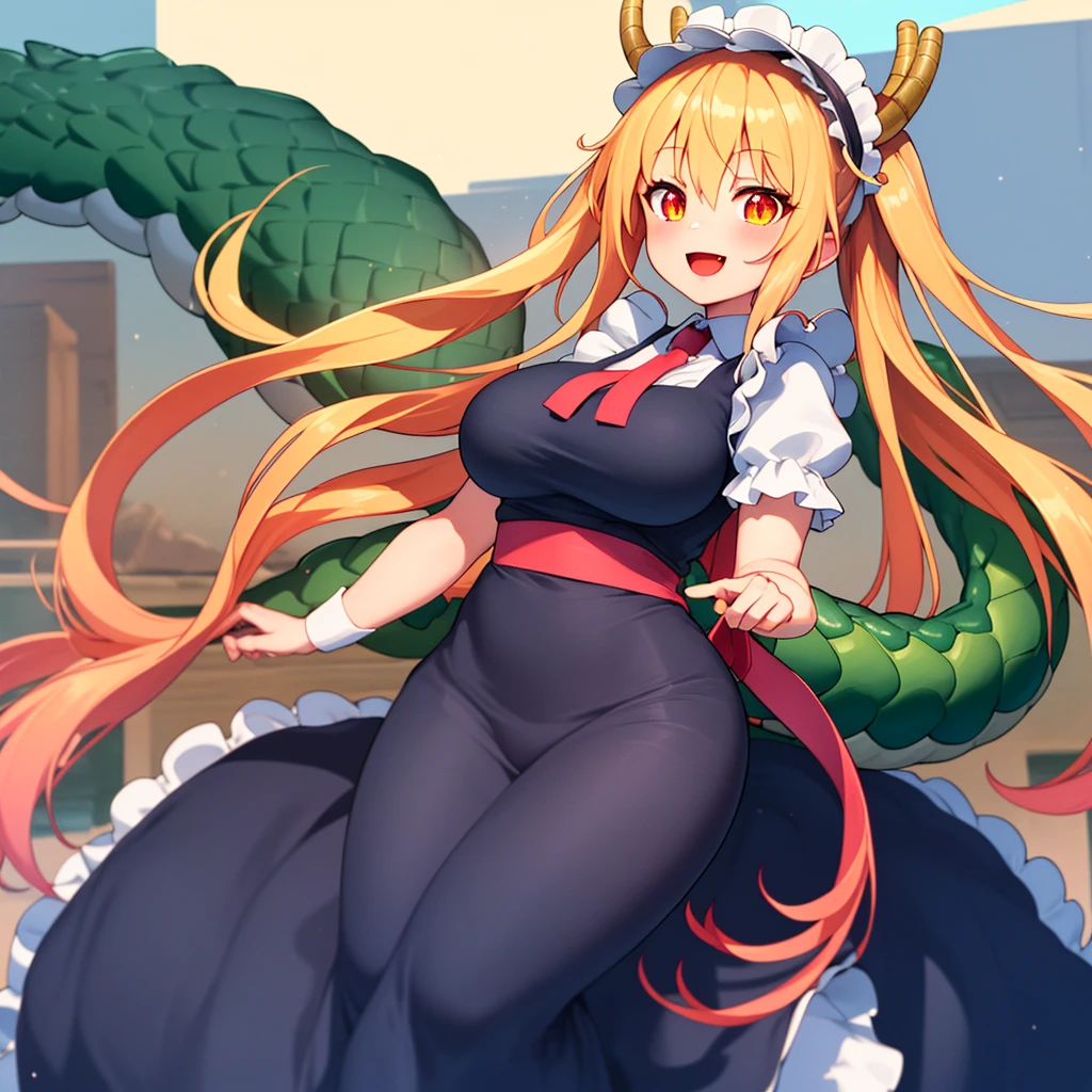 (Highest quality:1.2), One girl, (masterpiece:1.2), Ray Tracing, Super detailed,Detailed face, 8k wallpaper, Wide Hips, tall dragon maid_NDV, One girl, Blonde, Large Breasts, Long Hair, horn, Green Tail, wing, Multicolored Hair, Maid clothes, Maid clothes, Maid hat, elongated pupils, Orange eyes, Outdoor, smile
