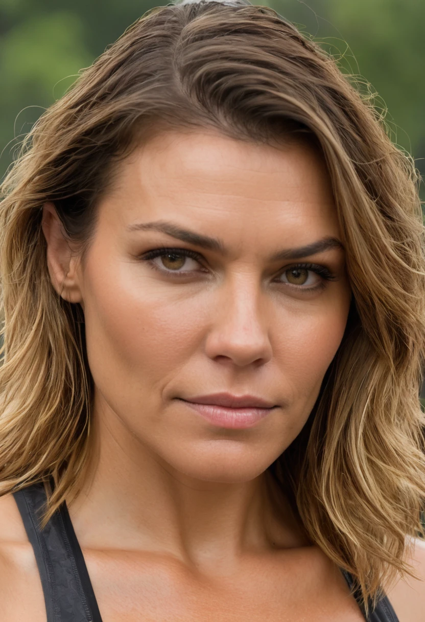 high quality random extremely erotic paparazzi photo of Lauren Cohan , 50 yo mature woman , she is wearing sweaty red color mini tanktop , standing , golden skin , tight breast, erect nipples, damaged clothes , vegetationary village background , , female, woma, random angle, erotic angles, random move, random action ,huge chest, deep cleavage , blond long hair, wet hair , wet sweaty face,seductive, eyebrows raised, tired woman, slight smile , fit muscular woman ,tall woman, fit body, strong fleshy arms , depth of field, insanely detailed skin texture, hyper detailed features,ultra photorealistic
