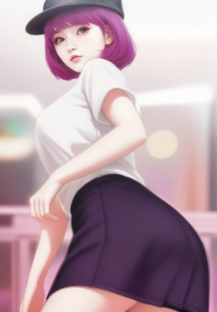 high quality, ultra detailed, masterpiece, realistic, 1girl, purple short hair, black hat, white t-shirt, black mini skirt, looking at viewer, from below view