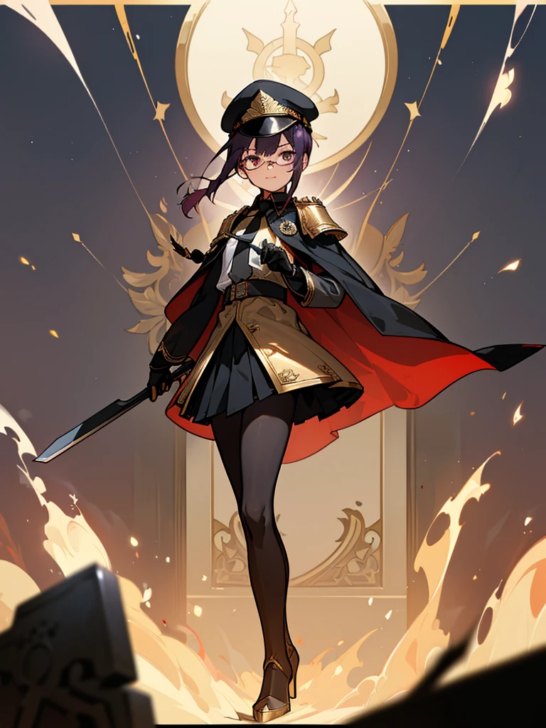 realisitic, City Deserted, Pile of rubble, Brick building, a one woman (18 years old, far away blackw hair, far away slits, Eyes red, glare eyes, 精致的面容, standing (In floor, feet shoulder-width apart), ta style military uniform (blackw base, Red Insert, golden decoration, volantes, wide sleeves, dainty and delicate detailing armors), blackw far away gloves (blackw, Red Insert, golden decoration, small hands, armors), blackw far away gloves, knee high boots (blackw, high-heels, red soles), ha (blackw, aba dourada, shield emblem, delicate details), arms in front, Front of belly, Holding military swords with both hands (blackw, golden decoration, delicate detail, Handle at the top, Ground-facing blade, in front of the body, far away), night sky (blackw, stele, Increased flames and smoke), Pale painting style, One Girl, super high quality, Super Detail, Super Detailed image, long hair, looking at viewer, skirt, shirt, hair ornament, violet eyes, gloves, round glasses, long sleeves, hat, closed mouth, jacket, violet hair, braid, open clothes, necktie, black gloves, black skirt, uniform, single braid, open jacket, black jacket, black headwear, 手链, peaked cap, black necktie, cropped jacket, military hat, pantyhose, Flat Chest, smile, Black Cape