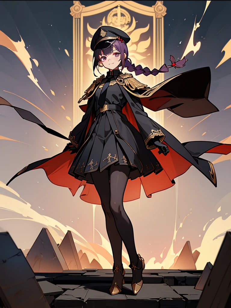 realisitic, City Deserted, Pile of rubble, Brick building, a one woman (18 years old, far away blackw hair, far away slits, Eyes red, glare eyes, 精致的面容, standing (In floor, feet shoulder-width apart), ta style military uniform (blackw base, Red Insert, golden decoration, volantes, wide sleeves, dainty and delicate detailing armors), blackw far away gloves (blackw, Red Insert, golden decoration, small hands, armors), blackw far away gloves, knee high boots (blackw, high-heels, red soles), ha (blackw, aba dourada, shield emblem, delicate details), arms in front, Front of belly, Holding military swords with both hands (blackw, golden decoration, delicate detail, Handle at the top, Ground-facing blade, in front of the body, far away), night sky (blackw, stele, Increased flames and smoke), Pale painting style, One Girl, super high quality, Super Detail, Super Detailed image, long hair, looking at viewer, skirt, shirt, hair ornament, violet eyes, gloves, round glasses, long sleeves, hat, closed mouth, jacket, violet hair, braid, open clothes, necktie, black gloves, black skirt, uniform, single braid, open jacket, black jacket, black headwear, 手链, peaked cap, black necktie, cropped jacket, military hat, pantyhose, Flat Chest, smile, Black Cape