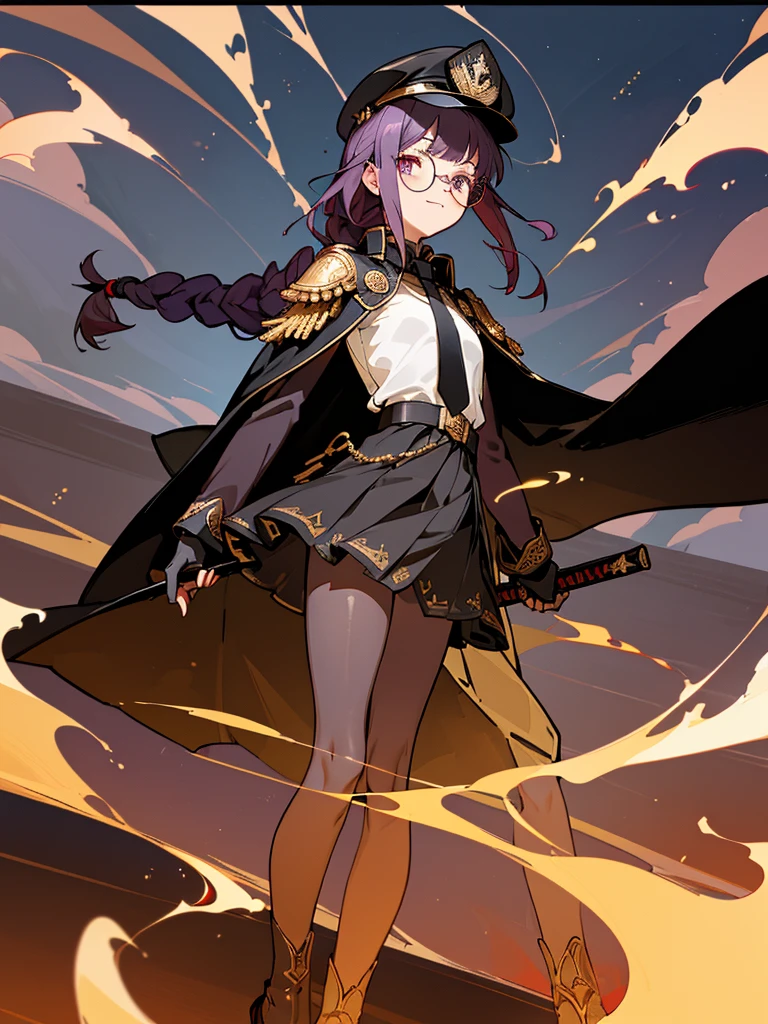 realisitic, City Deserted, Pile of rubble, Brick building, a one woman (18 years old, far away blackw hair, far away slits, Eyes red, glare eyes, 精致的面容, standing (In floor, feet shoulder-width apart), Lolita style military uniform (blackw base, Red Insert, golden decoration, volantes, wide sleeves, dainty and delicate detailing armors), blackw far away gloves (blackw, Red Insert, golden decoration, small hands, armors), blackw far away gloves, knee high boots (blackw, high-heels, red soles), ha (blackw, aba dourada, shield emblem, delicate details), arms in front, Front of belly, Holding military swords with both hands (blackw, golden decoration, delicate detail, Handle at the top, Ground-facing blade, in front of the body, far away), night sky (blackw, stele, Increased flames and smoke), Pale painting style, One Girl, super high quality, Super Detail, Super Detailed image, long hair, looking at viewer, skirt, shirt, hair ornament, violet eyes, gloves, round glasses, long sleeves, hat, closed mouth, jacket, violet hair, braid, open clothes, necktie, black gloves, black skirt, uniform, single braid, open jacket, black jacket, black headwear, 手链, peaked cap, black necktie, cropped jacket, military hat, pantyhose, Flat Chest, smile, Black Cape