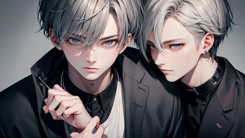 (masterpiece), Highest quality, Expressive eyes, Perfect Face, ((1boy Korean Idol)), elegant, Gray Hair, suit, Casual wear, Techwear, Sharp jawline, good looking, Smooth face, Masculine hands, The best move, Pale skin, Modern, expensive, thin, Neutral color clothes, Enlarge, Concentration, HD Wallpaper Quality, Good move, detailed, more detailed, Masculine