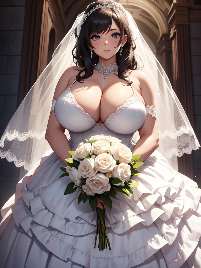Girl with huge breasts wearing a wedding dress with a huge neckline and a wedding veil with a bouquet