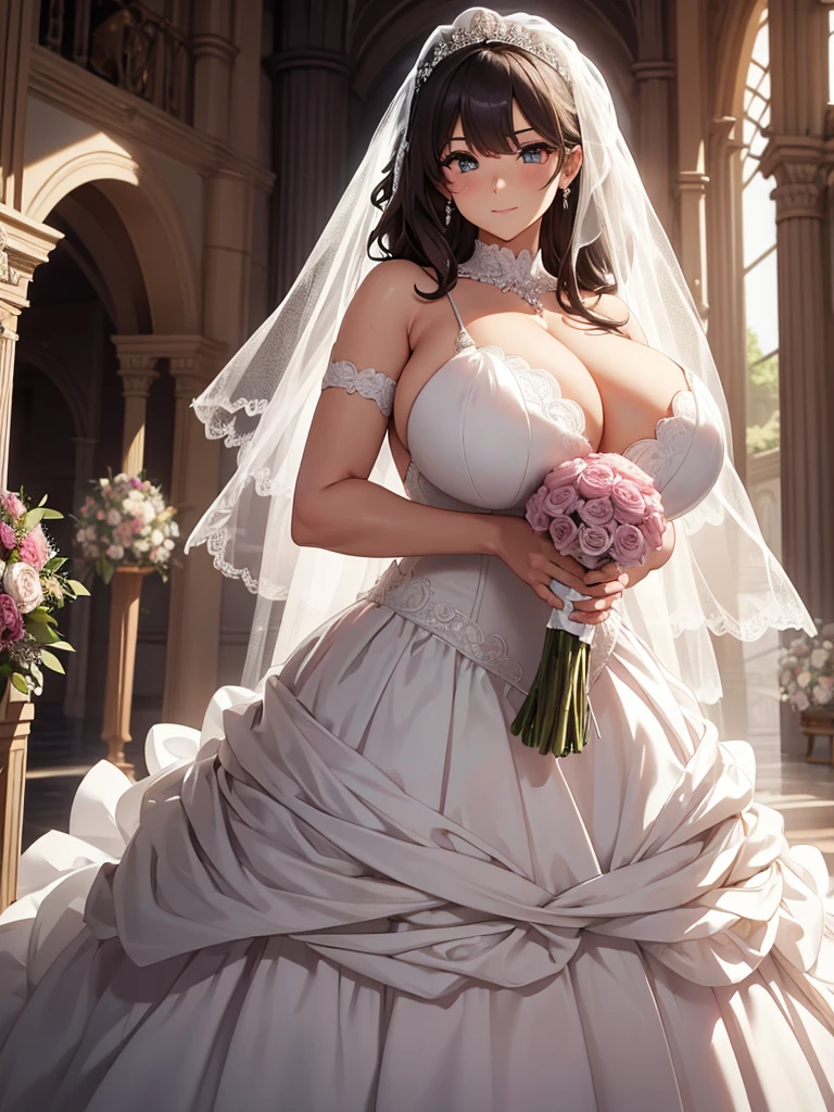 Girl with huge breasts wearing a wedding dress with a huge neckline and a wedding veil with a bouquet