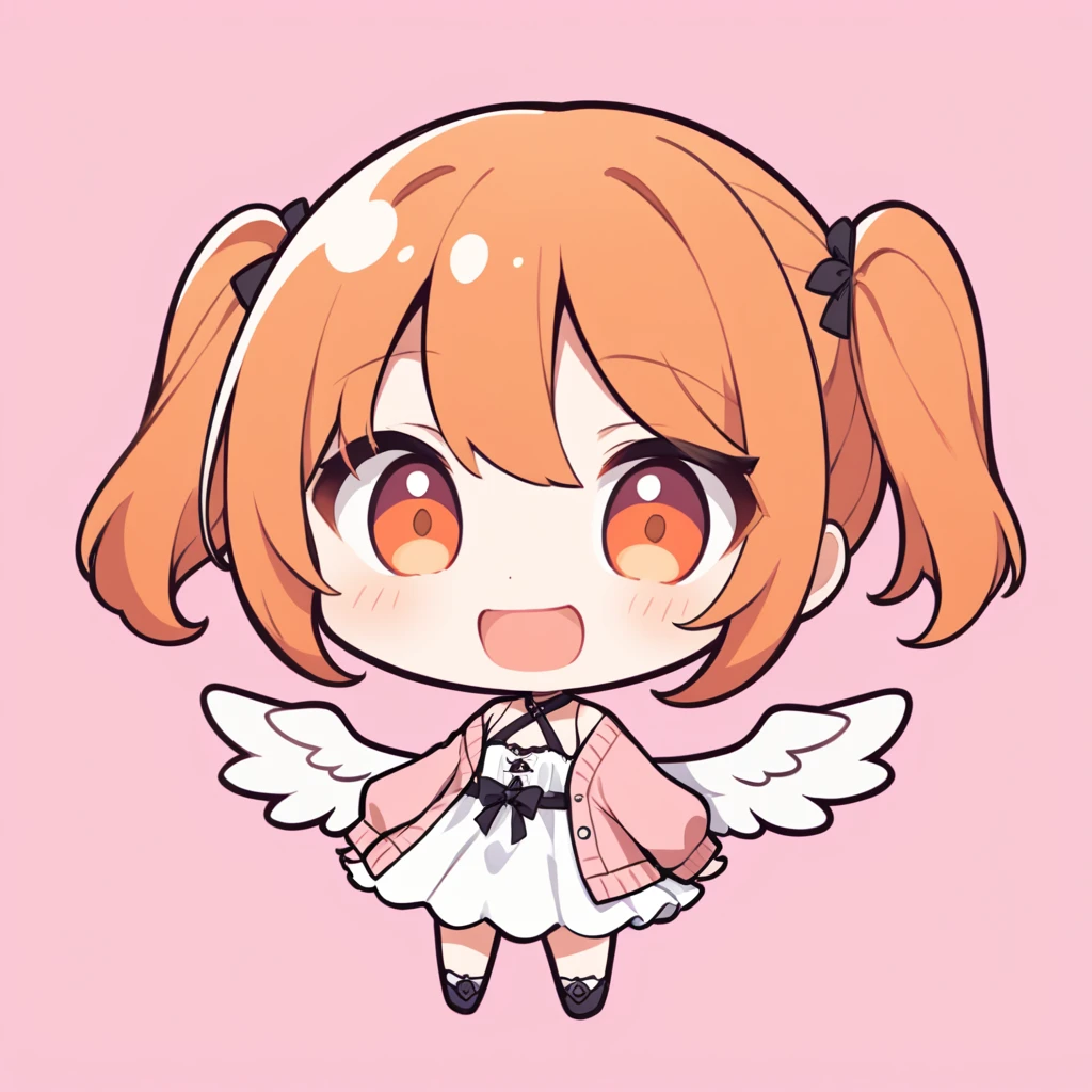 orange hair, orange eyes,girl,Pigtails with the ends tied up,laugh, chibi, little witch, 1 woman,halterneck,White dress,pink cardigan,white panties,Angel Wings