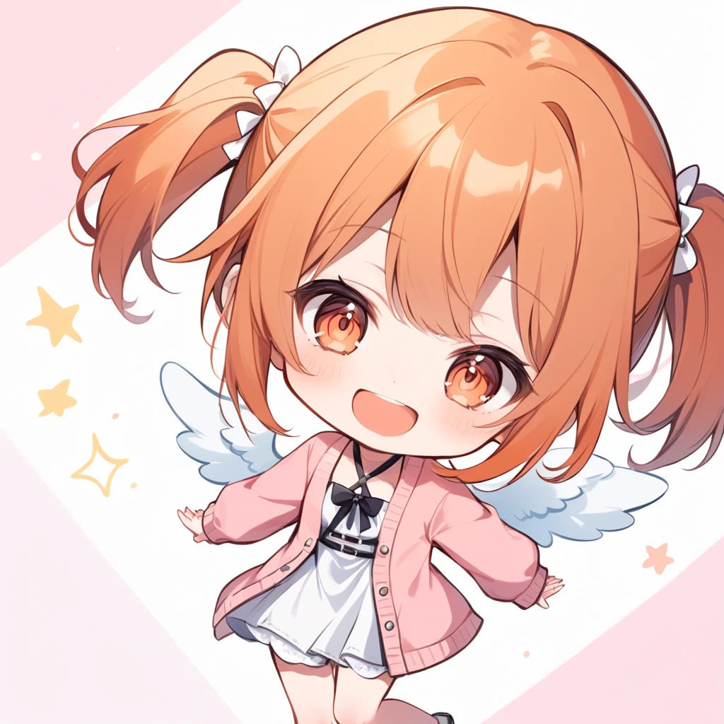 orange hair, orange eyes,girl,Pigtails with the ends tied up,laugh, chibi, little witch, 1 woman,halterneck,White dress,pink cardigan,white panties,Angel Wings