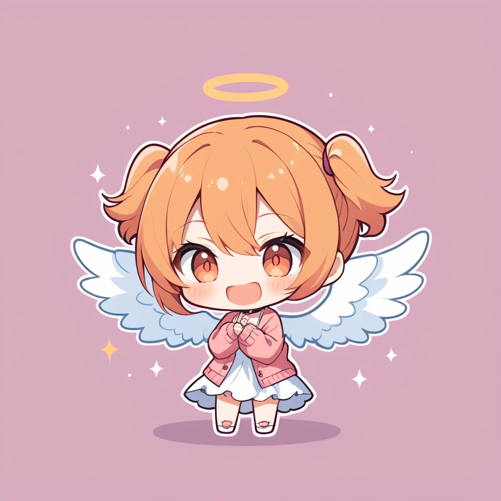 orange hair, orange eyes,girl,Pigtails with the ends tied up,laugh, Chibi, little witch, 1 woman,halterneck,White dress,pink cardigan,panties,Angel Wings