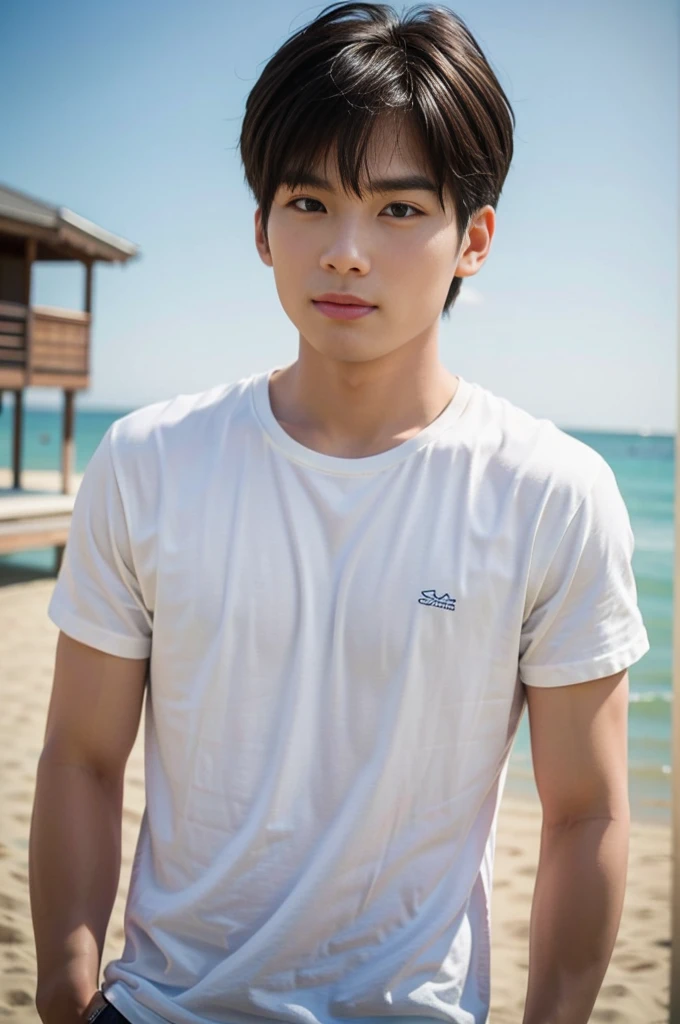 A handsome, muscular young Asian man looks at the camera. In a plain white t-shirt , Fieldside, grass, beach, sunlight