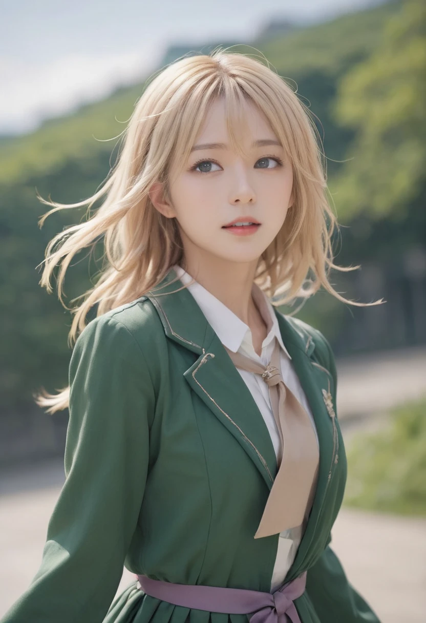 (Dynamic Angle:1.3),Extreme close up,the wind is strong,映画ofハイライト,,Upper Body,dancing,View your viewers, violet_Evergarden, jewelry, blank eye,brooch, blonde_hair,( vevry long hair:1.2),floating hairlong_sleeve, ribbon, green_eye, Jacket, dress, gem, hair_ribbon,null, depth_of_Field, a close view of flying petal,