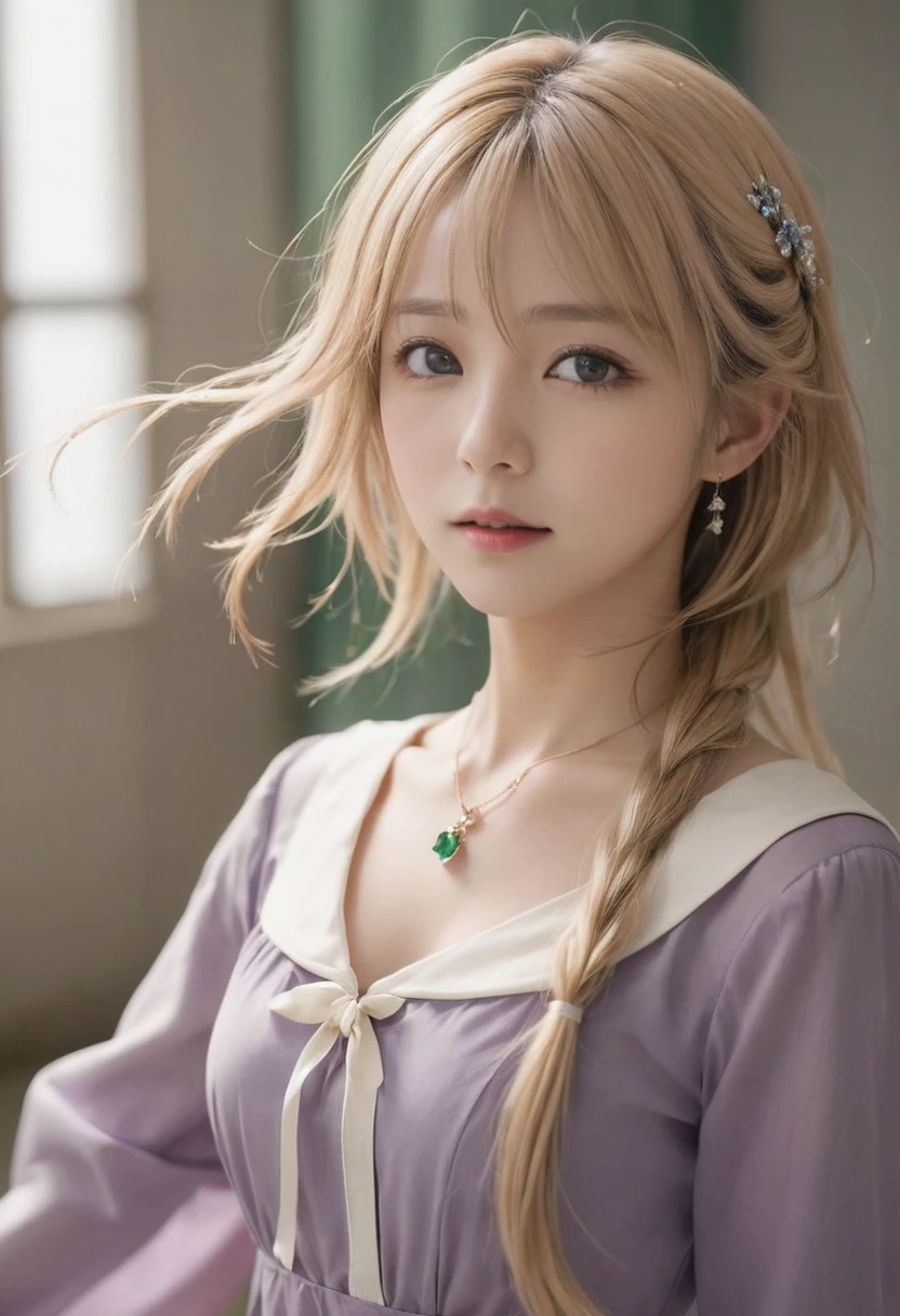 (Dynamic Angle:1.3),Extreme close up,the wind is strong,映画ofハイライト,,Upper Body,dancing,View your viewers, violet_Evergarden, jewelry, blank eye,brooch, blonde_hair,( vevry long hair:1.2),floating hairlong_sleeve, ribbon, green_eye, Jacket, dress, gem, hair_ribbon,null, depth_of_Field, a close view of flying petal,