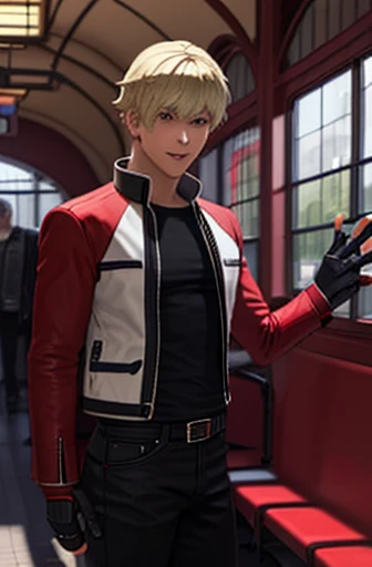 RockHoward,  red jacket, black shirt, shoes, fingerless gloves, black pants, belt,
beautiful, masterpiece, best quality, 1boy, train station, from side, smile