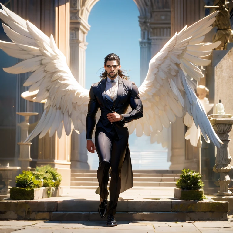 Wonderful main character. Handsome man, LatinLover OC, attractive feature, male expression, tan skin tone, in tense blue eyes. Big wings that come with the back., two white angel wings, anatomically correct huge wings. Man with muscular fitness, man medium-long haircut, black brown hairstyle, small beard, black military clothing, assassin tactical suit, anatomically correct, full body tattoo. Environment: urban city, POSTURE: solitaire, hopeful and heroic