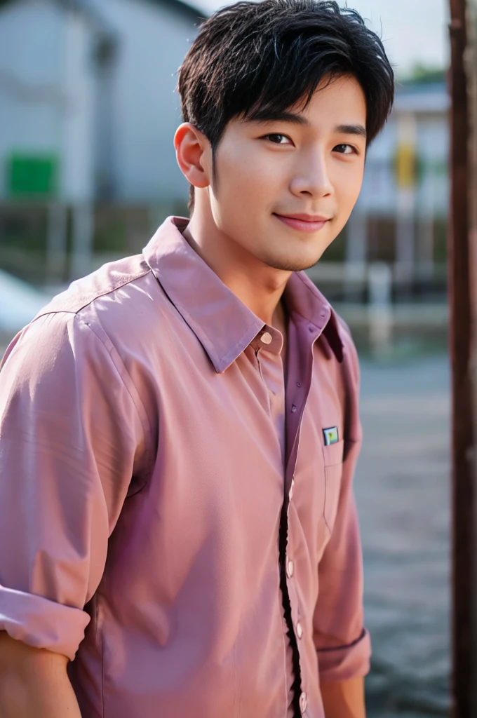 ((Highest quality, 8K, Masterpiece: 1.3))、Thailand Laos Burma Asia, Thai man, A handsome Asian rugby player with short hair, a muscular beard, and big muscles., １A man who has、 yo、Good appearance、Beautiful nose、smile、 Detailed eyes and face、beautiful light、(studio)、high resolution、（Look at the viewer.）、Fine mouth、smile、whole body: 1.5, perfect shape: 1.3, looking at camera ,Pink button-up shirt, bedroom sunlight looking at the field