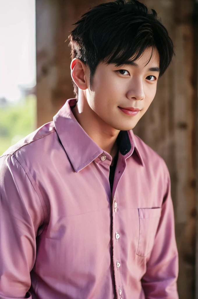 ((Highest quality, 8K, Masterpiece: 1.3))、Thailand Laos Burma Asia, Thai man, A handsome Asian rugby player with short hair, a muscular beard, and big muscles., 1A man who has、 yo、Good appearance、Beautiful nose、smile、 Detailed eyes and face、beautiful light、(studio)、high resolution、(Look at the viewer.)、Fine mouth、smile、whole body: 1.5, perfect shape: 1.3, looking at camera ,Pink button-up shirt, bedroom sunlight looking at the field