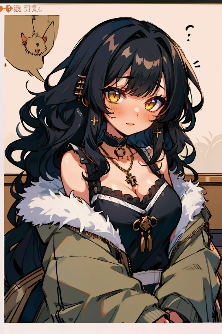 (masterpiece:1.2), (high quality:1.2), (hui xiyi:0.7), rekkyo sensen, rekkyou sensen, girls with((black hair, 1girl,bangs, (one side up, long wavy hair:1.55), bare shoulders, breasts,choker, cleavage,coat,collar,collarbone,cowboy shot, dress, frills, fur, fur collar, fur trim, hood down, hooded jacket, hoodie, jacket, large breasts, long sleeves, looking at viewer, medium breasts, medium hair, necklace, open clothes, open hoodie, sleeveless, solo, winter clothes, zipper, upper body, hand up, praying)), background with((bedding, futon, jail, prison:1.45))