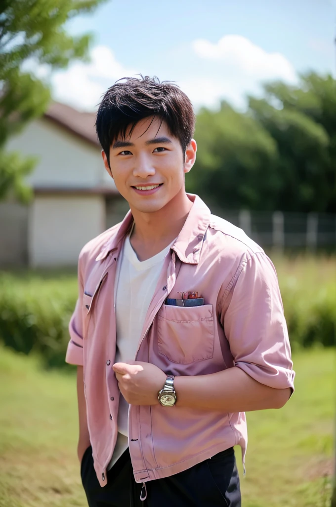 ((Highest quality, 8K, Masterpiece: 1.3))、Thailand Laos Burma Asia, Thai man, A handsome Asian rugby player with short hair, a muscular beard, and big muscles., 1A man who has、 yo、Good appearance、Beautiful nose、smile、 Detailed eyes and face、beautiful light、(studio)、high resolution、(Look at the viewer.)、Fine mouth、smile、whole body: 1.5, perfect shape: 1.3, looking at camera ,Pink button-up shirt, bedroom sunlight looking at the field
