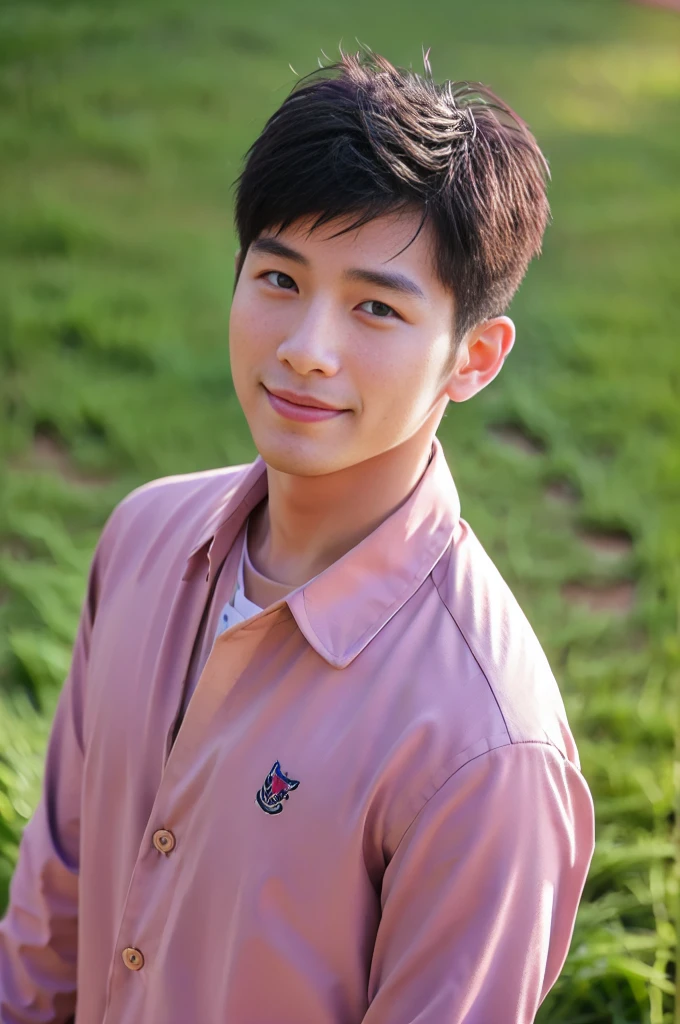 ((Highest quality, 8K, Masterpiece: 1.3))、Thailand Laos Burma Asia, Thai man, A handsome Asian rugby player with short hair, a muscular beard, and big muscles., 1A man who has、 yo、Good appearance、Beautiful nose、smile、 Detailed eyes and face、beautiful light、(studio)、high resolution、(Look at the viewer.)、Fine mouth、smile、whole body: 1.5, perfect shape: 1.3, looking at camera ,Pink button-up shirt, bedroom sunlight looking at the field