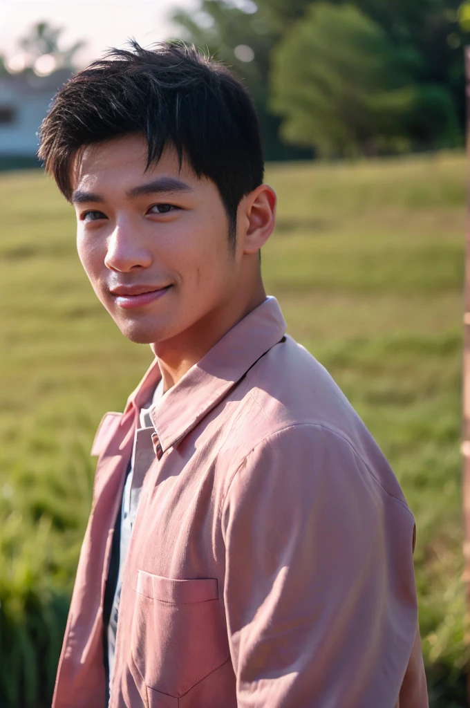((Highest quality, 8K, Masterpiece: 1.3))、Thailand Laos Burma Asia, Thai man, A handsome Asian rugby player with short hair, a muscular beard, and big muscles., 1A man who has、 yo、Good appearance、Beautiful nose、smile、 Detailed eyes and face、beautiful light、(studio)、high resolution、(Look at the viewer.)、Fine mouth、smile、whole body: 1.5, perfect shape: 1.3, looking at camera ,Pink button-up shirt, bedroom sunlight looking at the field