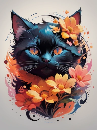 colorful flower ready vector t-shirt art of a cute black cat, frontal perspective, action photo, Color Vibrant, high détail, White background, Logo design, neo traditional tattoo style, 2d, flat vector, design of character, Fantasyart, watercolor effect, digitalpainting, 16K, sticker
