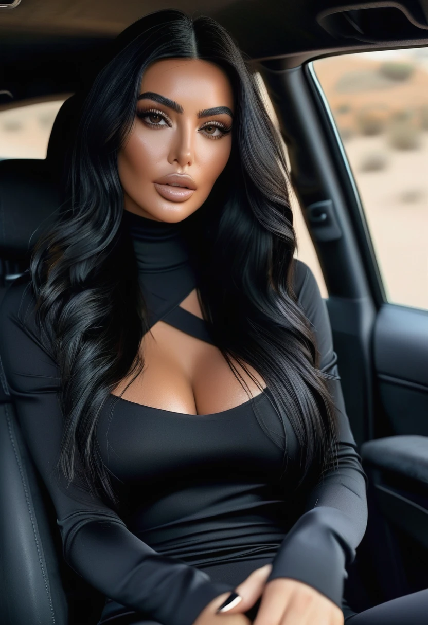 araffe wearing a black top and black pants taking a selfie, kylie jenner, bella poarch, with black pigtails, she has black hair, 🦩🪐🐞👩🏻🦳, her black hair is a long curly, with straight black hair, taken in the early 2020s, in a black chiffon layered robe That face, very influencer style photos in south of France Young woman, professional model is posing in a dessert. she has got very long dark hair araffe woman in black leggings and a black sports bra top with biggest leaning on a car door, sitting in her car, wearing black tight clothing, tight outfit, madison beer, black leggins, full body length, demi rose, black extremely tight jeans, kim kardashian, black leggings, tight attire, black car, kylie jenner as catwoman, film still of kim kardashian, she is wearing long black modest but slim dress, she is wearing black high heels. She is wearing a long black dress that covers her body, she is pretty. Detailed image. She looks like Irina Shayk and Kim Kardashian. She is tall and beautifully thin. She is posing for a fashion brand. Vogue style. Super realistic, detailed, professional fashion photoshooting very dark hair