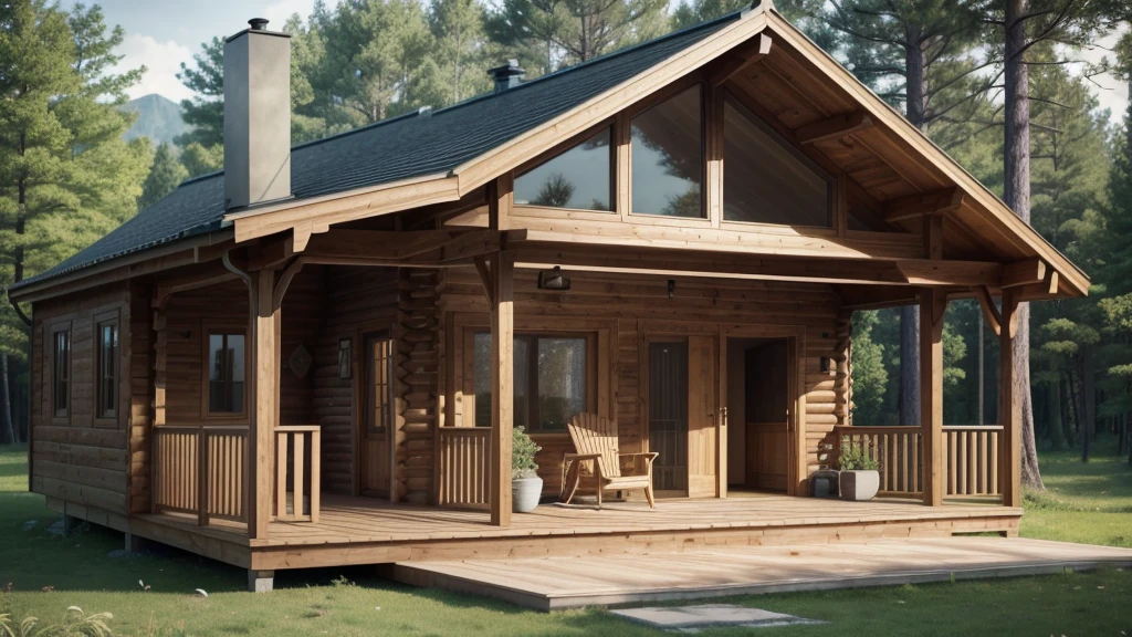 a Rendering of a small wooden cabin with a porch and a porch chair, Wood house, Wood house, house and home, passive house, Rendering, luxurious Wood house, v ray, concept house, beautiful Rendering, photo realistic image, 3ds max. + true, Wood houses, by Aya Goda, photo realistic style, realistic Rendering, detailed photorealistic