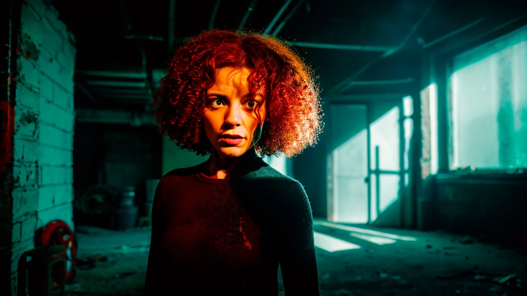 a woman in the front position with curly red hair with an expression of terror, stained with black oil, in a dark basement, with black shadow, and an aurora light illuminating the woman's face, with 3D, cinematic, midjorney style, photographic, sony A7rlll, detailed, 8k.